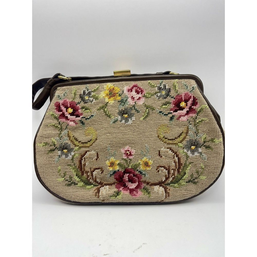 Vtg Petit Point Needlework Purse Handbag Floral Gold Clasp 50s60s‎